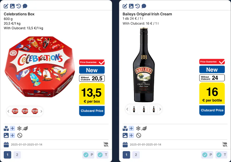 Ausschnitt aus iLeaflet: zwei Produktmodule einer Prospektseite mit Preisboxen, Aktionskennzeichnung und Freigabestatus.